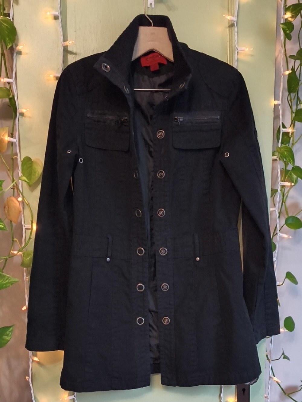Women's Coffee Shop Red Mid Length Black Snap Button Mockneck Coat S - Picture 3 of 17
